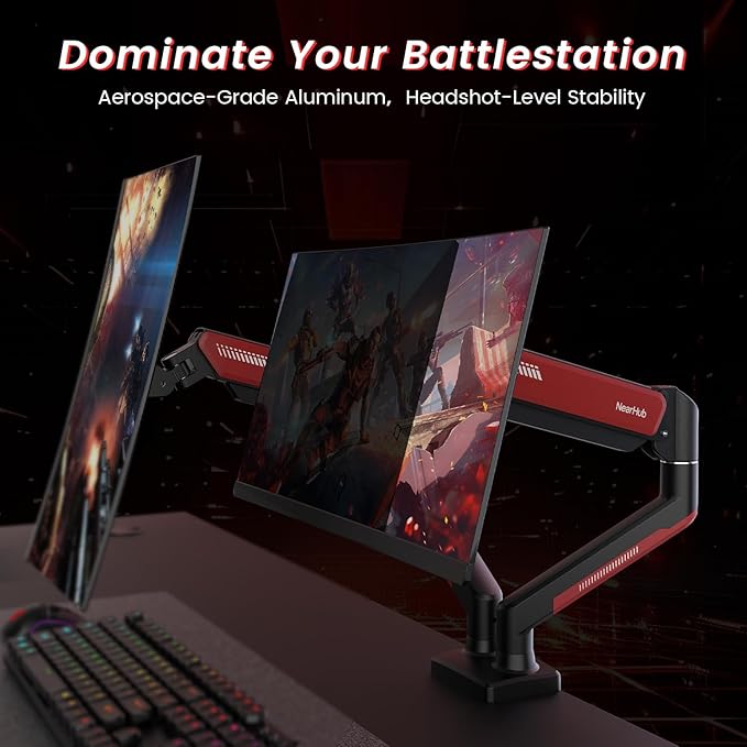 Dual Monitor Mount Gaming for Computer Screen 13-32" and up to 22 lbs,360° Rotation,+90° to -45° Tilt,180° Swivel,with C Clamp and Grommet Base,Integrated Cable Management,75x75/100x100 VESA,RED