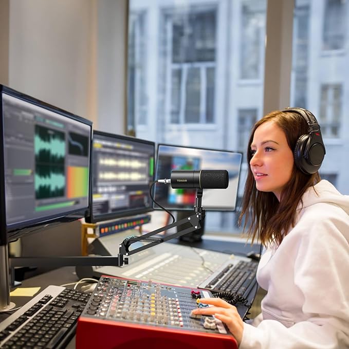 Tonor Mic Arm Desk Mount, Low Profile Boom Arm, Microphone Arm, Adjustable Mic Stand with Desk Mount Clamp, Cable Management, 3/8’’ and 5/8’’ Screwadapter for Most Microphone T20LP Black