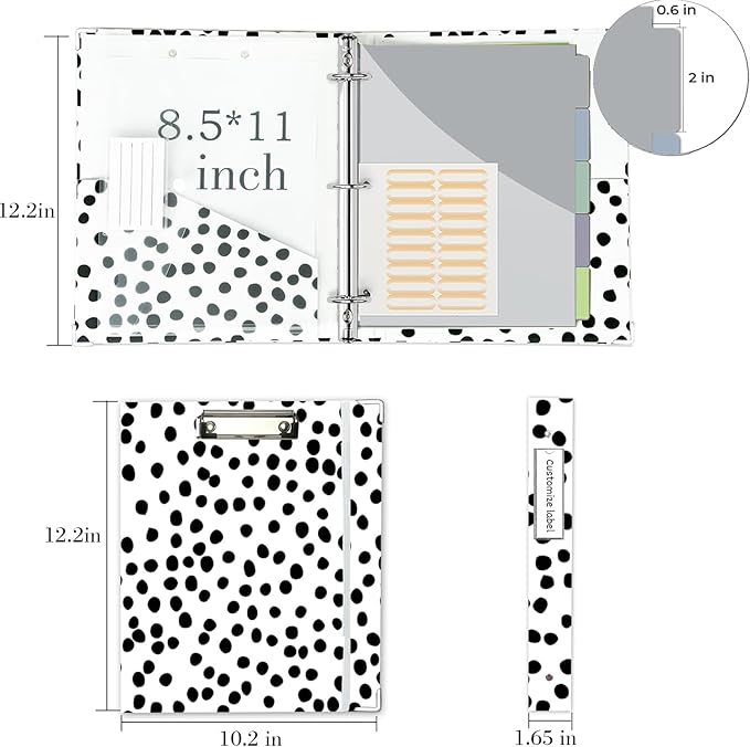 3 Ring Binder Organizer, 1 Inch Three Ring Binders with Clipboard, 5-Tabs Pockets Dividers, Transparent Plastic Folder, Pen Loop, 18 Divider Stikers, BVSSX Decorative Binder, Polka Dot, Letter Size