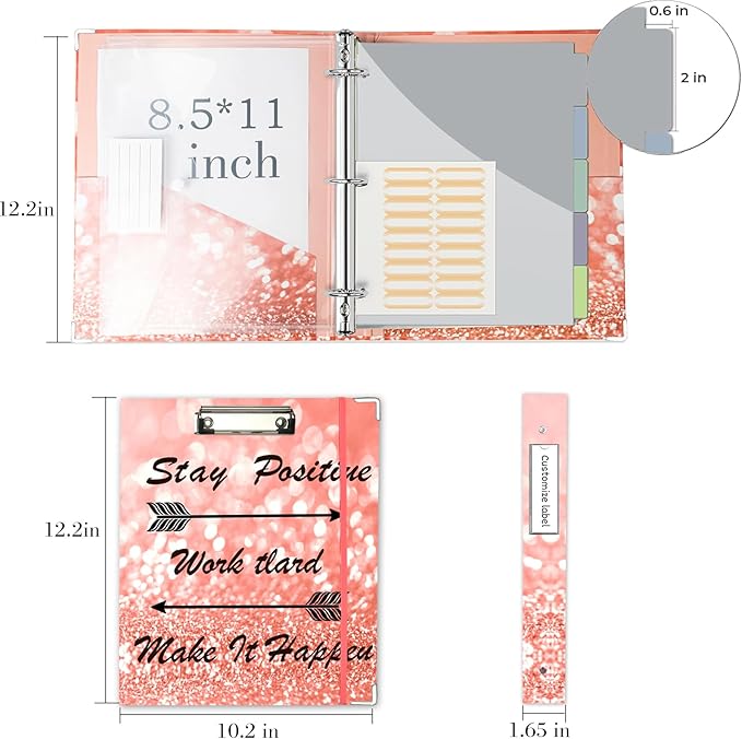 3 Ring Binder 1 Inch, Three Ring Binders Organizer with Clipboard, 5-Tabs Pockets Dividers, Plastic Folder, 18 Divider Stikers, BVSSX Pink Decorative Binder with Pen Loop (Stay Positive, Letter Size)