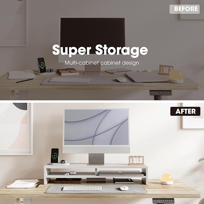 Fenge Monitor Stand, 31.5 Inch Computer Monitor Riser for Desk, 2 Tiers Wood Desk Shelf with Storage, Desktop Organizer for PC, Laptop, Screen, Printer