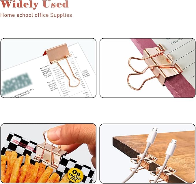 Medium Binder Clips, 24 Pack, 1-1/4 Inch, 1.25 Inch, Standard 32mm, Rose Gold, Capacity 0.6 Inch, Fold Clamp, Paper Clips, Office and School Supplies