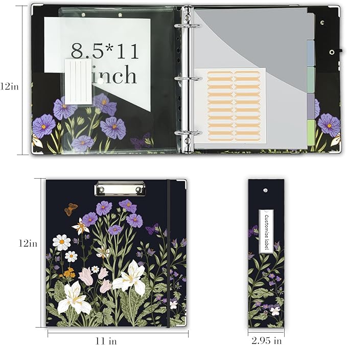 3 Ring Binder 2 Inch for 8.5"x11" Paper, Three Ring Binders with Clipboard, 5 Dividers with Tabs and Pockets, Plastic Folder, 18 Divider Stikers,Decorative Black Binder with Pen Holder,Weeds