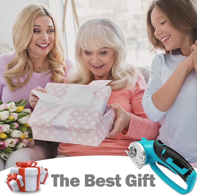 Cordless Electric Scissors, 4V Box Cutter & Cardboard Cutter with 2 Titanium Blades - Rotary Cutter with LED Light for Fabric, Leather, Carpet, Plastic, Crafting + Storage Case (Aqua Blue)