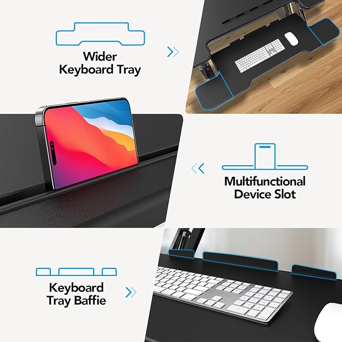 HUANUO 32" Z Shaped Stable Standing Desk Converter, Height Adjustable Sit Stand Up Desk Riser, Dual Monitor and Laptop Workstation with Wide Keyboard Tray, Desk Lifter for Home Office