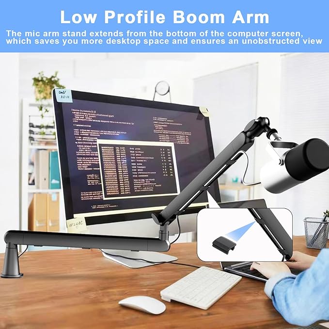 Low Profile Mic Arm, Premium Metal 360° Rotatable Adjustable Microphone Boom Arm with Desk Mount Clamp, Cable Management for Shure SM7B/Blue Yeti, Ideal for Podcasting, Streaming, Gaming