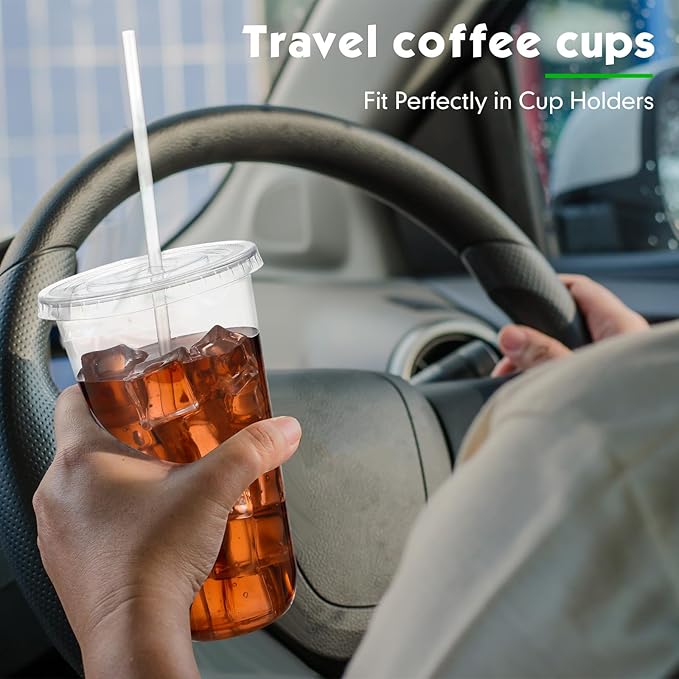 50 Sets Clear Plastic Cups with Lids and Straws, Disposable Iced Coffee Cups Drinking PET for Cold Drinks, Juice, Smoothie, Coffee Shops, Party, Christmas(Clear,20 oz)