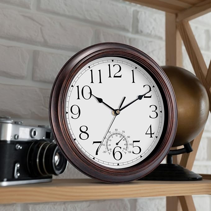 12 Inch Outdoor Wall Clock with Thermometers, Vintage Silent Wall Clocks Battery Operated, Retro Non-Ticking Clock Decorative for Living Room, Patio, Kitchen, Office, Bathroom, Bedroom(Bronze)