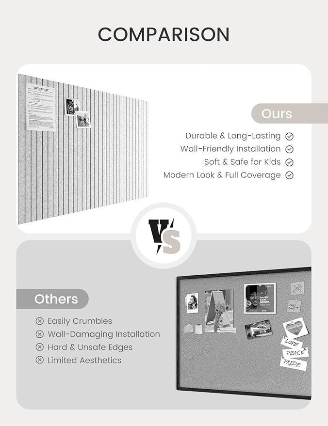Bumusty Large Cork Board Alternative-47 x35 Felt Bulletin Board Tiles, with 30 Pushpins, 70 Adhesive Tabs, 12-Pack Slat Wall Paneling, Cork Boards for Office Push Pin Board Felt Board-Marble Gray