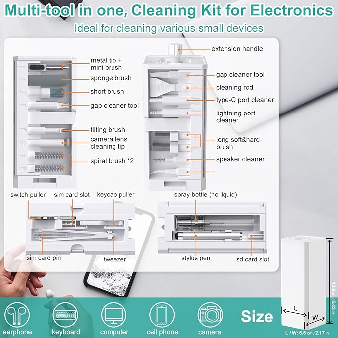 VICHYIE Keyboard Cleaning Kit with Brush, Computer Laptop Cleaner Kit, Phone Cleaning Tool, Multi-Function Cleaner Kit for Earbuds, Cellphones, PC, Screens, Camera Lens, Electronics Devices (White)
