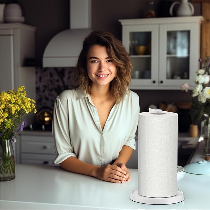 White Paper Towel Holder Countertop, White Kitchen Accessories Decor, Stainless Steel, Weighted Base, Paper Towel Roll Holder Stand with Ratchet Mechanism for Kitchen Bathroom Farmhouse Essentials