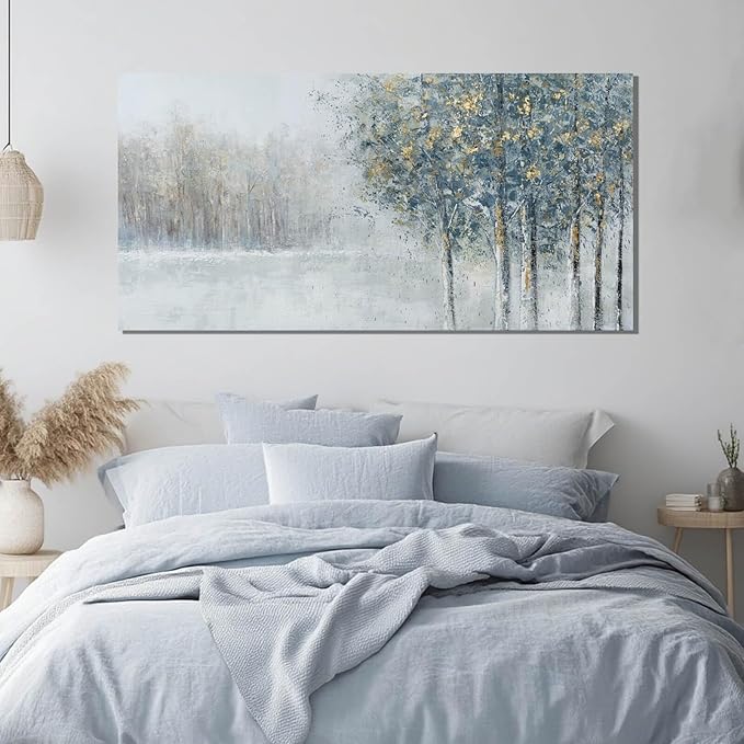 ZENPEE Abstract Forest Canvas Wall Art, 20x40 Inch Blue and Gold Tree Painting, Modern Nature Landscape Artwork for Living Room Bedroom Office Decor, Ready to Hang