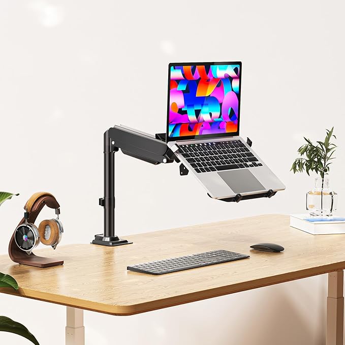 WALI Laptop Tray Desk Mount, Laptop Arm Mount Fits 10-15.6 Inch Notebook, 2-in-1 Gas Spring Monitor Arm for 17-32 Inch Computer Screen, Holds up to 22lbs(GSDM00LP), Black