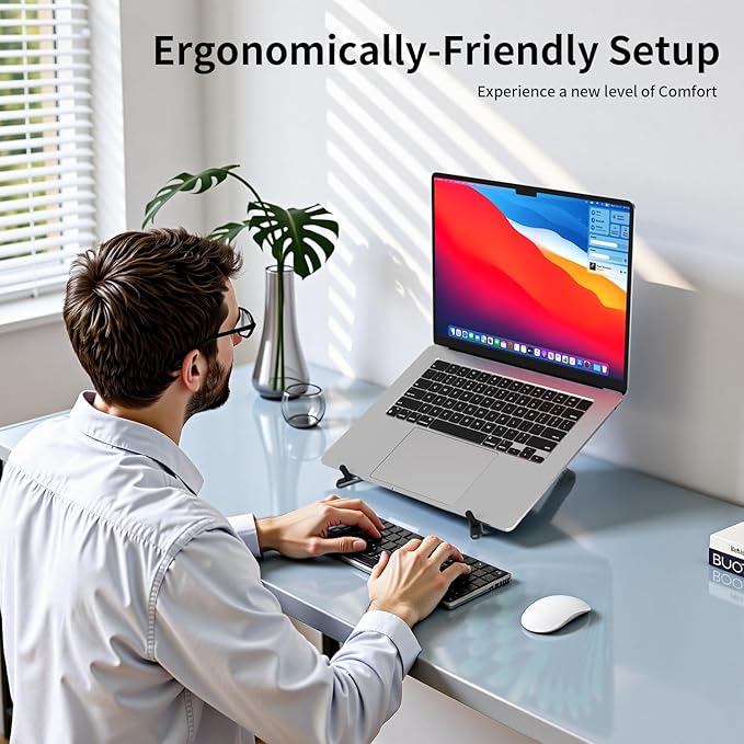 Adjustable Laptop Stand for Desk with Magnetic Phone Holder, MagSafe Compatible Portable Foldable Computer Riser for MacBook, iPhone, iPad, Tablet - Perfect for Office, Home, Traveling