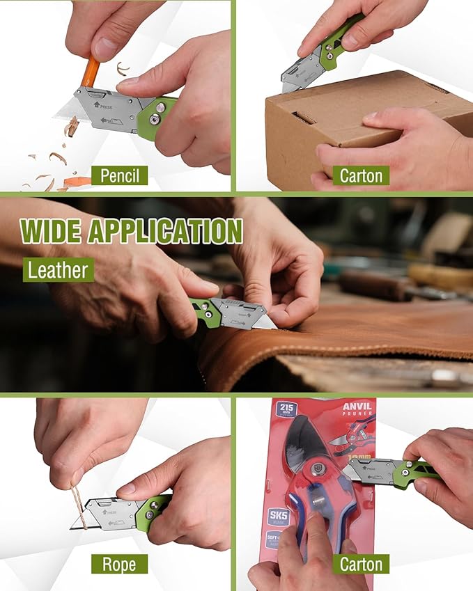 WORKPRO Box Cutter, Utility Knife Quick Change Blade Razor Knife, Folding Pocket Knife with Belt Clip and Axis Lock, 10 Extra Blades Included, Green