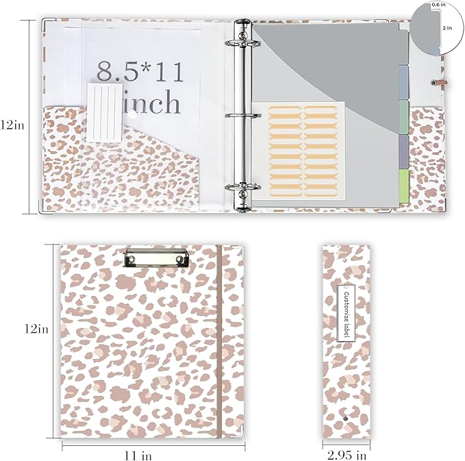 3 Ring Binder 2 Inch for 8.5"x11" Paper, Three Ring Binders with Clipboard, 5 Dividers with Tabs and Pockets, Clear Folder, 18 Divider Stikers, BVSSX Decorative Binder with Pen Holder, Leopard