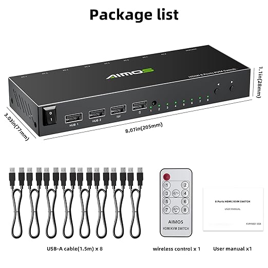 HDMI KVM Switch 1 Monitor 8 Computers 4K@30Hz, 8 Port HDMI KVM Switches for 8 Computers Share 1 Monitor Keyboard and Mouse, Support Hotkey Switch, Remote Control and 8 USB Cables Included