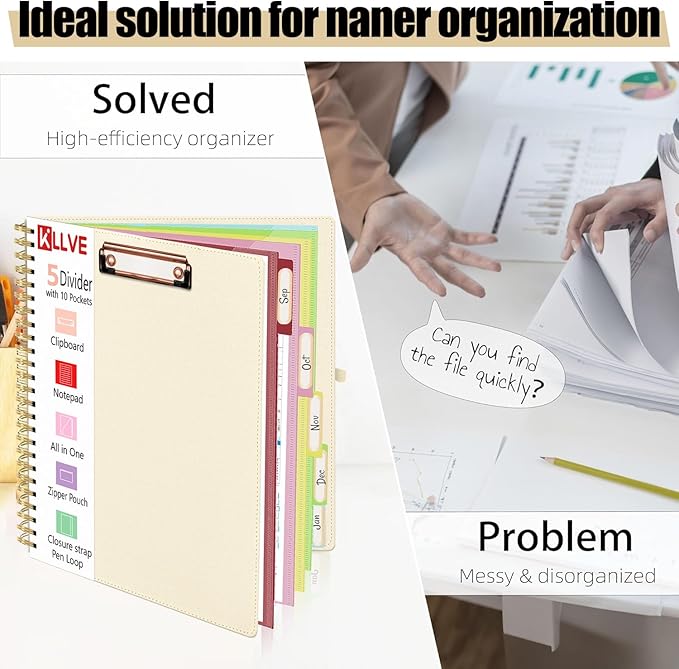 Beige Foldable Spiral Clipboard Folio with Storage Zipper Pouch, 5 Plastic Folders with Pockets,Refillable Lined Notepad (8.5" x 11"), Hardcover Project Organizer with 39 Stickers