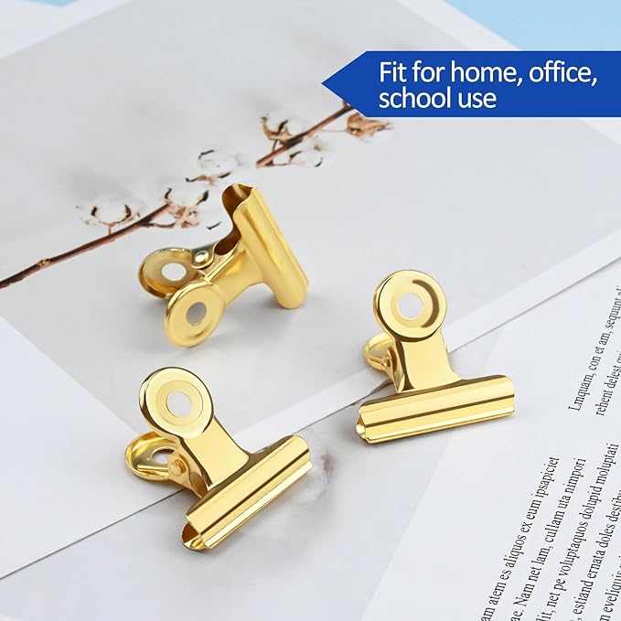 30 Pack Small Bull Clips 0.87 Inch Mini Metal Hinge Clips Binder Paper Hinge Clip for Office, Home, School, Shops, Gold, 22mm