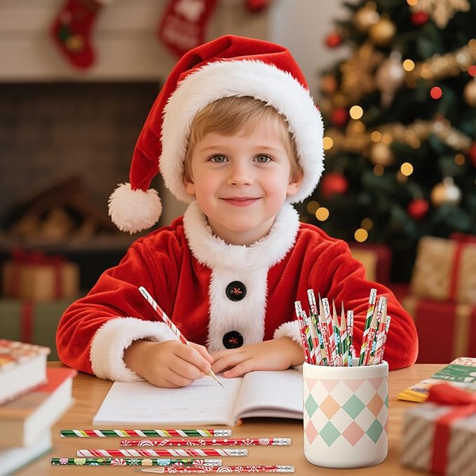 Xqumoi 60Pcs Christmas Pencils with Eraser - #2 HB Xmas Candy Cane Red Green Wood Pencils, School Classroom Student Rewards Office Supply Holiday Goodie Bag Fillers Stuffers Party Favors Gift