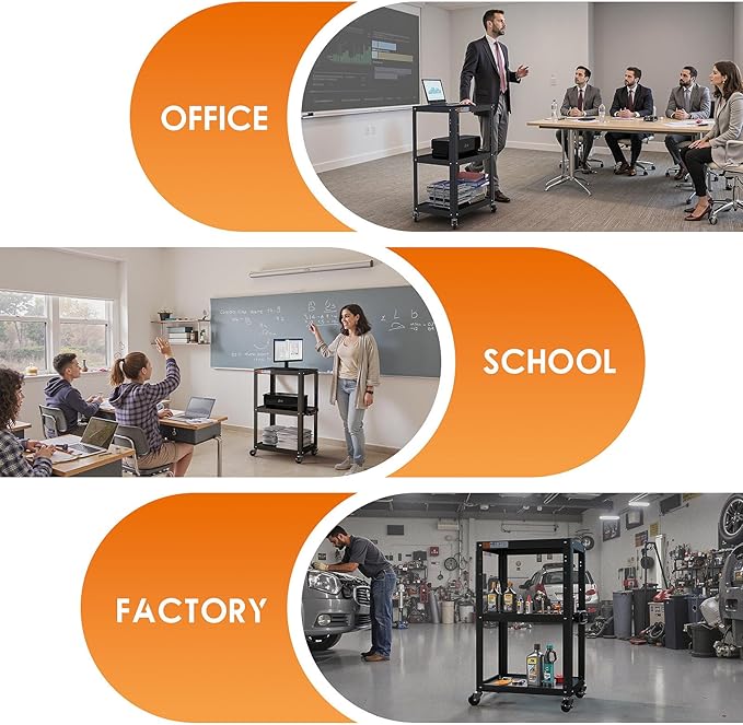 3 Shelf Metal Utility Cart - Durable Computer Cart on Wheels with Power Strip,Height Adjustable AV Presentation Cart Stand for Movie Projector,TV and Laptop Computers,Easy to Assemble, Black