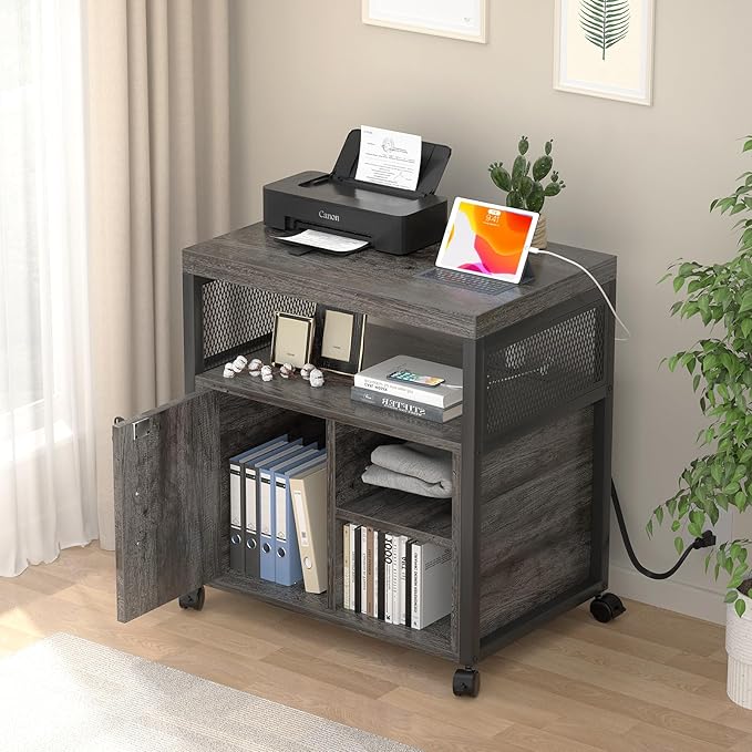 Unikito Rolling File Cabinet Lateral Office Filing Cabinets with Socket and USB Charging Port, Modern Printer Stand on Wheels Printer Cabinet with Door and Open Storage, Lockable, Black Oak