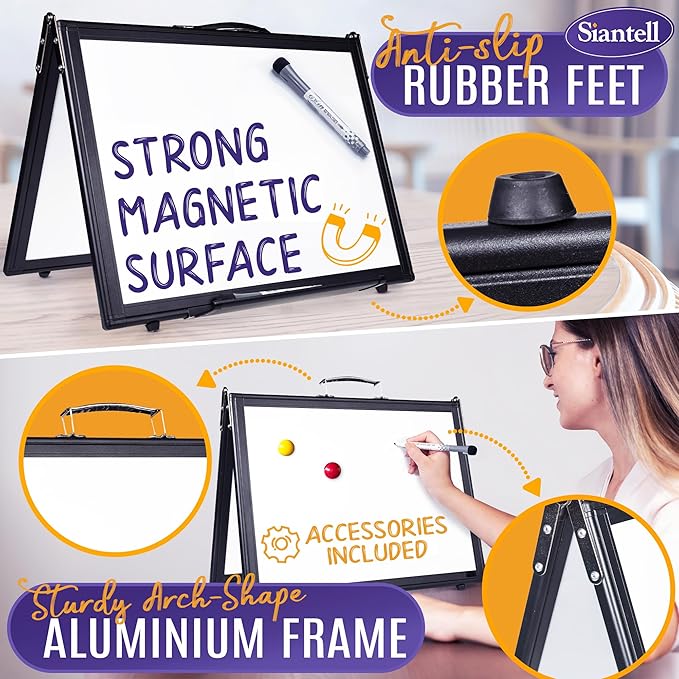 Small Dry Erase White Board – Magnetic Desktop Whiteboard - 16x12 inch 4 Sides Portable Whiteboard for Kids - Tabletop Mini Easel with Cover Bag for Office Desk, Students, Teachers