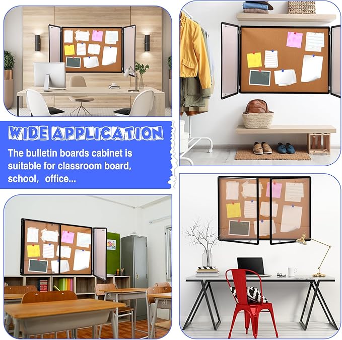 Enclosed Bulletin Board 48" x 36" Weather Resistant Lockable Notice Cork Display Board Wall Mounted 2 Locking Door for School Classroom Commercial Christmas, 12 x A4(Brown, Black Frame)