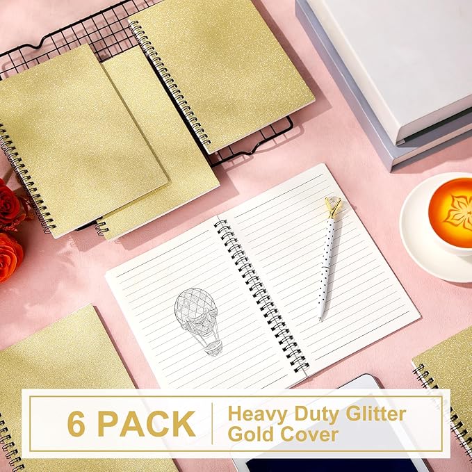 Yahenda Spiral Notebook Bulk A5 Journal Lined 8.3'' x 5.5'' Writing Composition Paper Small Notepad Subject Notebook for Students Office Business Back to School Supplies(Light Gold,6 Pcs)