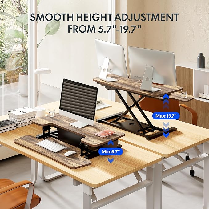 FLEXISPOT 40 inch Electric Motor Desk Converter, Sit to Stand Monitor and Laptop Workstation, Height Adjustable Riser with Wide Keyboard Tray, Rustic Color
