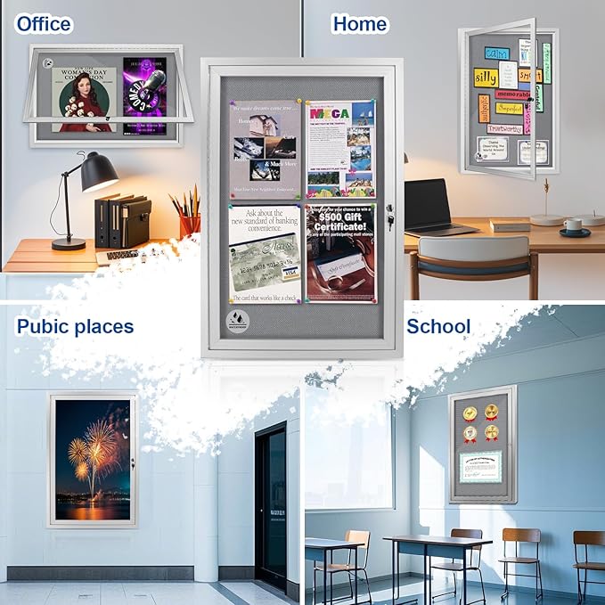 Outdoor Enclosed Bulletin Board Weatherproof 36"x24", Lockable Cork Noticeboard with Tempered Glass Locking Door, Secure Display for Notices, Posters & Memos