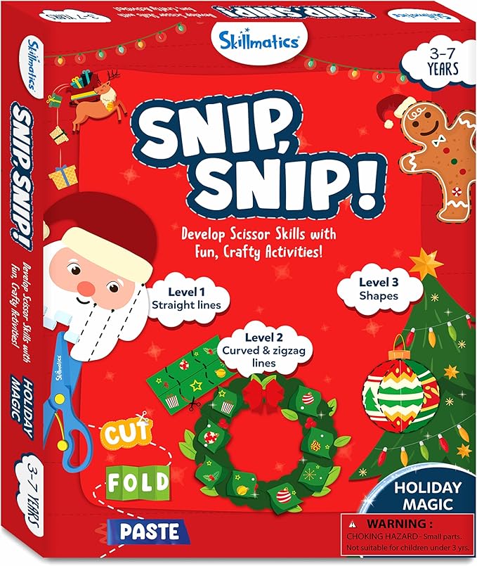 Skillmatics Scissor Skills Activity Book - Snip Snip Christmas, 25 Fun Cutting & Creative Activities for Preschoolers, 2 Child-Safe Scissors, Felt Craft Kit, Gifts for Kids Ages 3, 4, 5, 6, 7