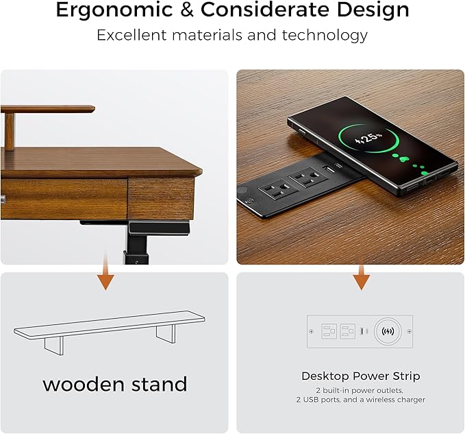 EUREKA ERGONOMIC Standing Desk, 63 inch Executive Desk with Drawers,Modern Trapezoidal Leg Luxury Home Office Computer Desk w Monitor Stand,Red Oak