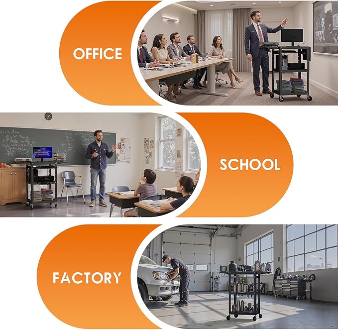 All-Steel Rolling AV Cart with Adjustable Height & Built-in Power – Heavy-Duty Media Workstation with Drop-Leaf Shelves & Wheels for Projectors, Laptops, Printers – Classroom, Office & Studio, Black