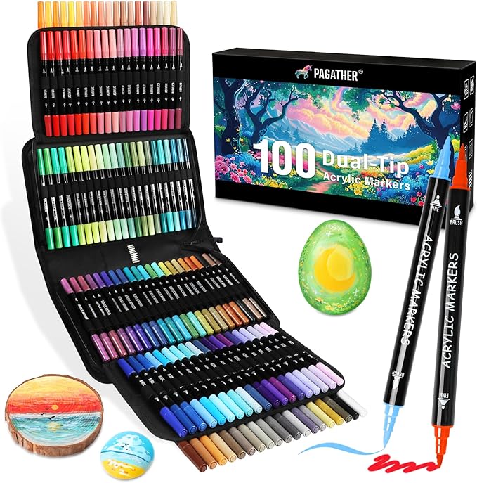 100 Colors Acrylic Paint Markers, Dual Tip with Fine Tip and Brush Tip Pens for Stone, Wood, Calligraphy, Canvas, Ceramic, Metal, Glass, Rock Painting, DIY Crafts Art Supplies Kit