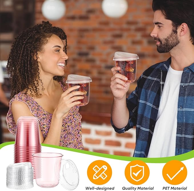 50 Sets Clear Plastic Coffee Cups with Sip Lids, Disposable Plastic PET Crystal Cups for Iced Coffee, Smoothie, Cold Beverage, Drink Shops and Party Catering(Clear Pink,12 oz)