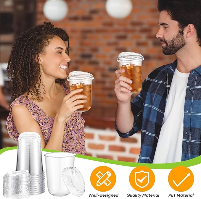 50 Sets Clear Plastic Coffee Cups with Sip Lids, Disposable Plastic PET Crystal Cups for Iced Coffee, Smoothie, Cold Beverage, Drink Shops and Party Catering(Clear,16 oz)
