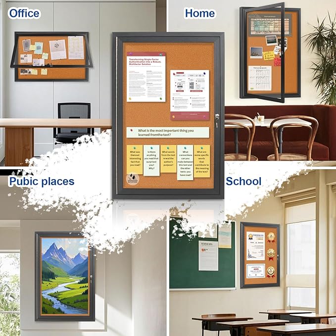 Outdoor Enclosed Bulletin Board Weatherproof 36"x24", Lockable Cork Noticeboard with Tempered Glass Locking Door, Secure Display for Notices, Posters & Memos