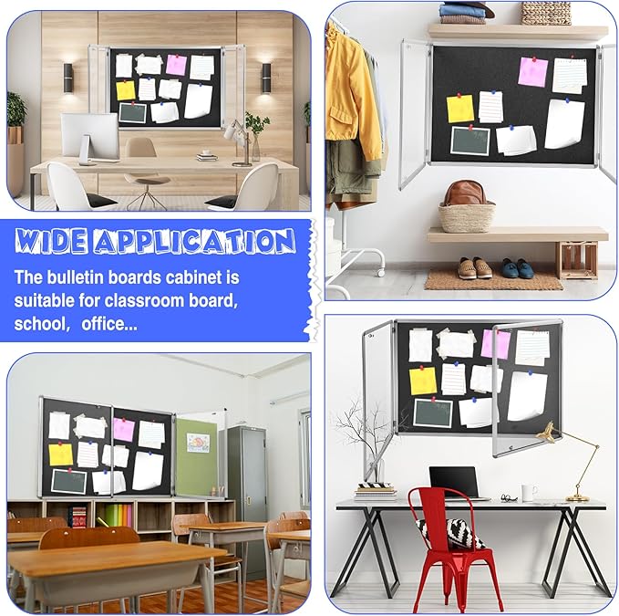 Enclosed Bulletin Board 48" x 36" Weather Resistant Lockable Notice Cork Display Board Wall Mounted 2 Locking Door for School Classroom Commercial Christmas, 12 x A4(Black, Silver Frame)