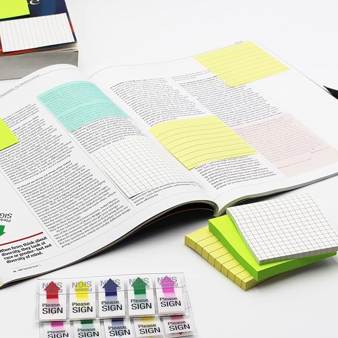 (12 Pad) Lined Grid Sticky Notes,3x3 Inch, Self-Stick Notes, Easy to Post for School, Office, Notebook, White Color Pads/Pack