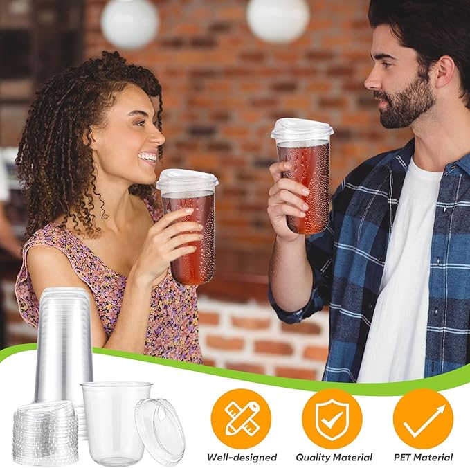 50 Sets Clear Plastic Coffee Cups with Sip Lids, Disposable Plastic PET Crystal Cups for Iced Coffee, Smoothie, Cold Beverage, Drink Shops and Party Catering(Clear,20 oz)