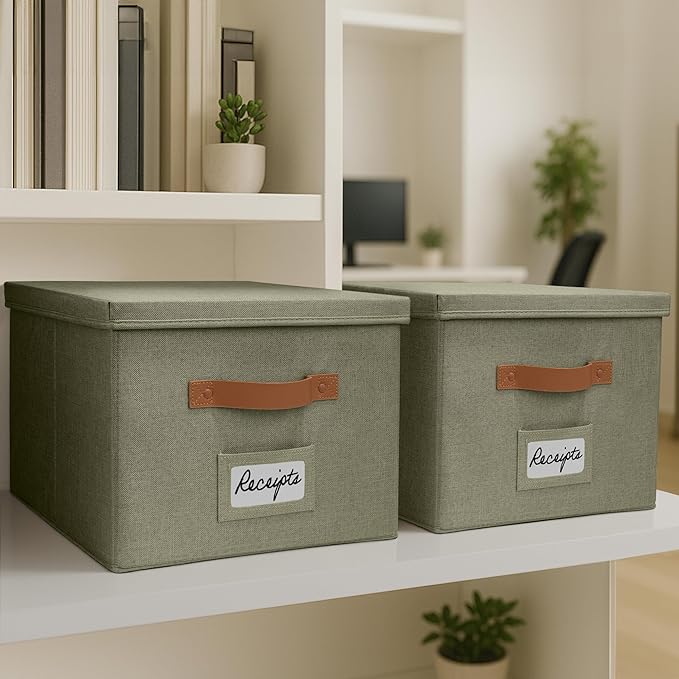 ZICOTO Decorative File Organizer Box Set of 2 - Collapsible Linen Filing Cabinets w/Handles Are Perfect to Store all Your Documents & Hanging File Folders - Portable Easy Slide Crates with Lid