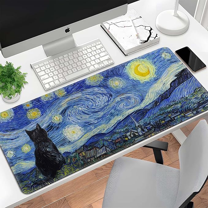 Starry Night Cat Gaming Mouse Pad Large Desk Mat Extended Keyboard Mouse Pad Anime Mousepad with Non-Slip Base and Stitched Edge Mouse Mat Desk Pad 31.5 x 11.8 Mouse Pads for Desk Home Office Gaming