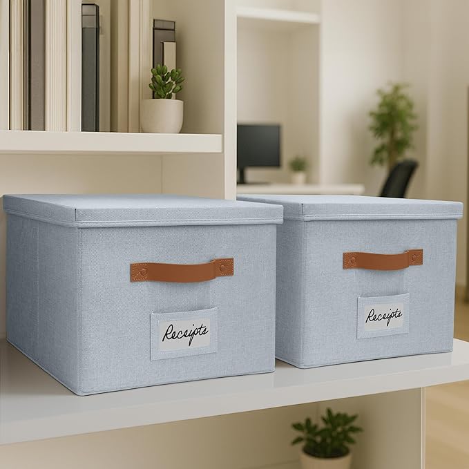 ZICOTO Decorative File Organizer Box Set of 2 - Collapsible Linen Filing Cabinets w/Handles Are Perfect to Store all Your Documents & Hanging File Folders - Portable Easy Slide Crates with Lid