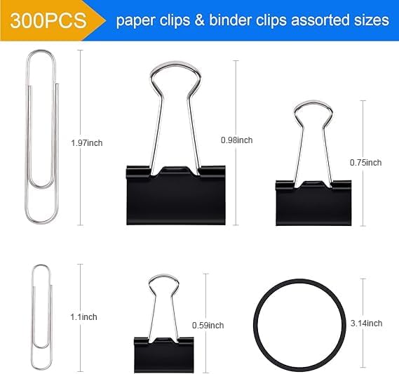 Binder Clips Paperclips, Sopito 300pcs Office Clips Set with Paper Clamps Rubber Bands for Office and School Supplies, Assorted Sizes Black