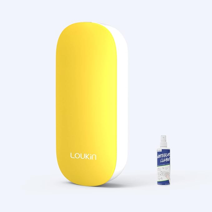 loukin Replaceable Dry Erase Eraser, Magnetic Whiteboard Eraser with 3 Replaceable Felt Pads, 4-in-1 Glass Whiteboard Erasers, 3.4 fl oz Cleaner Included (Yellow)
