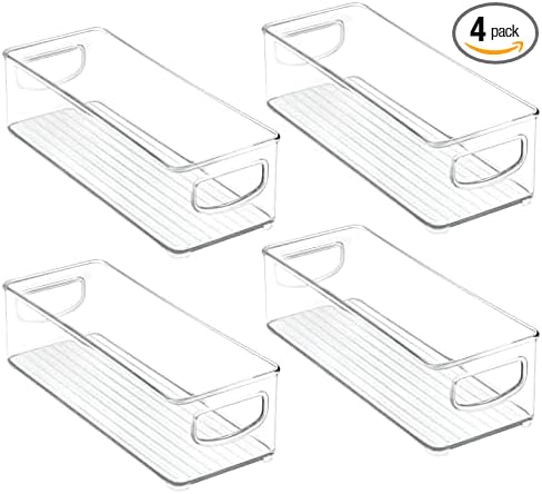 mDesign Small Plastic Office Storage Container Bins with Handles for Organization in Filing Cabinet, Closet Shelf, or Desk Drawers, Organizer for Notes, Pens, Pencils, Ligne Collection, 4 Pack - Clear