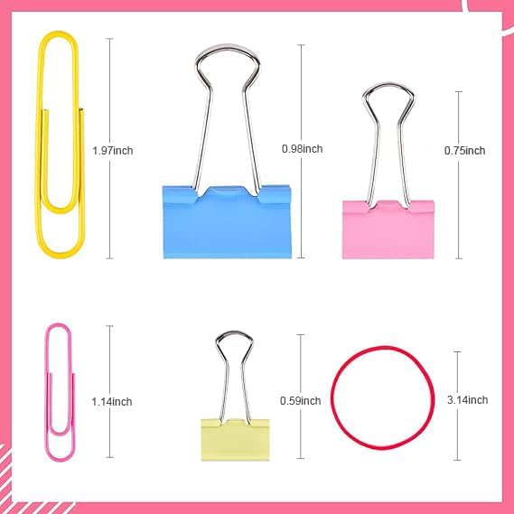 Paper Clips, Sopito 300pcs Paperclips Binder Clips Assorted Sizes (S/M/L) and Rubber Bands, Colored Office Supplies Set College School Supplies