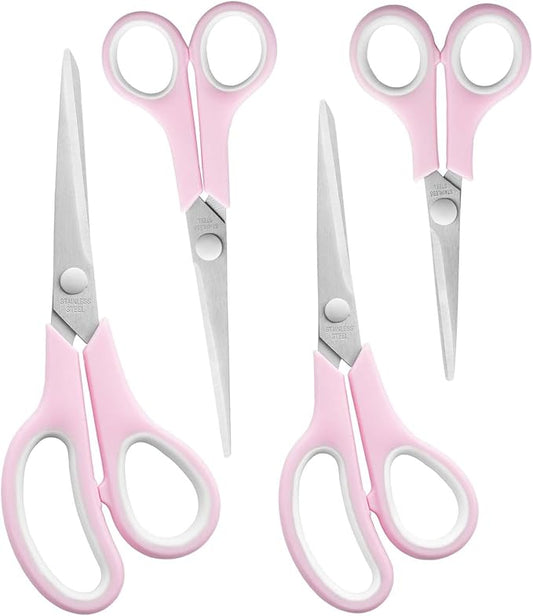 Craft Scissors Set of 4, Sharp Stainless Stee Blades, Comfort Grip, Scissors All purpose for Office School Home Fabric Sewing DIY Art Craft Cutting, 8.5''/7.5''/6.7''/5.5'', Pink