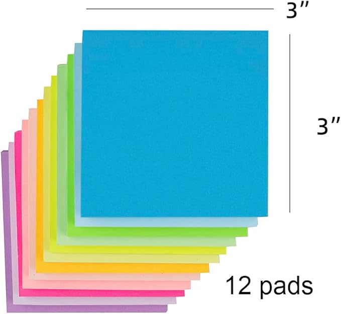 (12 Pads) Sticky Notes 3x3 Inches,Bright Colors Self-Stick Pads, Easy to Stick for Home, Office, Notebook